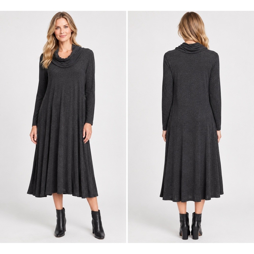 Eileen Fisher XL Charcoal Gray Cowl Neck Viscose Spandex Midi Dress Long Sleeve